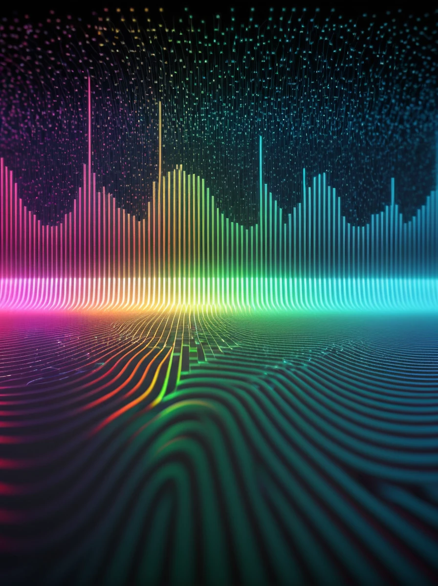 a close up of a graphic of a sound wave with a lot of different colors, abstract art representing data, sound waves, sound wave, on floor perspective, 4k detailed digital art, digital artwork 4 k, wave frequencies, bass sound waves on circuitry, background artwork, particle waves, 4k highly detailed digital art, flashy modern background, multicolored vector art, abstract tech