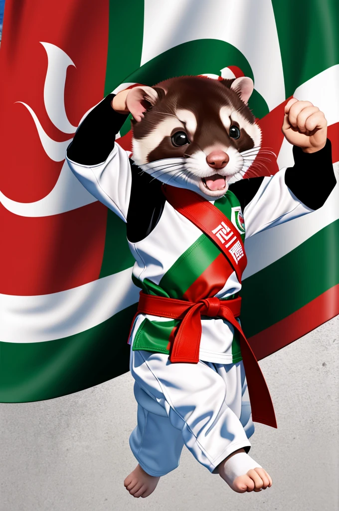 Cartoon of ferret animal fully dressed for taekwondo, with the flag of Mexico in the background