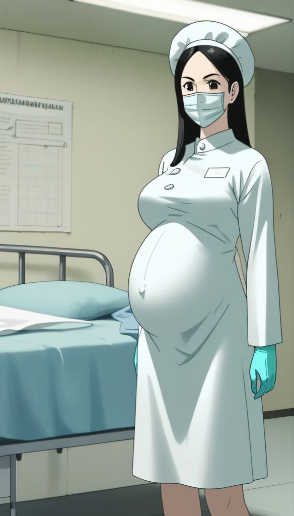 score_9, score_8_up, score_7_up, source_anime, raw image, masterpiece, highest quality, kasuganoray, pale skin, her eyes are happy, long black hair, big breasts, scrubs, surgical mask, bouffant cap, long sleeve maternity dress, put on another long sleeved coat, seamless, navel head, the dress isn't wrinkled, long white stockings,
1girl, pregnant, solo, long rubber gloves, looking down, furrowed brow, hospital bed, light shines from the ceiling, standing, patient room background, She is inquiring about the patient's condition