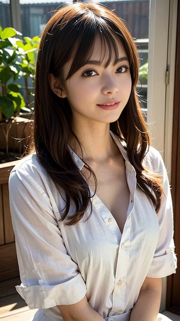 highest quality, masterpiece, ultra high resolution, (realistic:1.4), (close portrait) Raw photo, 1 girl, 22 years old,((Kamakura GARDENHOUSE)),(((cafe clerk))),((long hair chignon)),(white t-shirt and jeans),Apron appearance,masterpiece, realistic pictures, japanese pictures, fuji negative film, saturation, contrast, Pocari Sweat Advertisement ((small breasts)),((smiling showing teeth)),,brown hair,