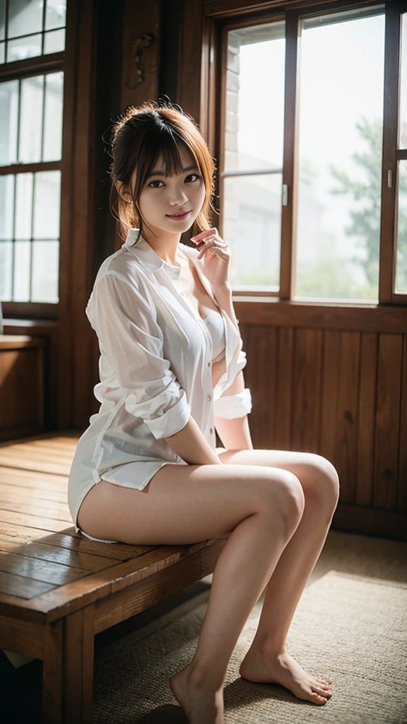 (Natural strawberry blonde and redhead girls with pretty faces), Cute pose, Happy wearing a white button shirt, body, skinny, Atmospheric, Dark atmosphere, Edge lighting, Mao Akiyama、Sayaka Yamamoto、Jurina Matsui、Saito Asuka、Mao Akiyamaの顔の特徴8K, Full body portrait, elegant, Natural light, Spooky greenhouse at night, Sharp focus, (Highly detailed eyes and face, Professional photography techniques), Beautiful small face, smile, Happy, K UHD, Hmph, Beautiful and soft skin, Vibrant Skin, Photorealism, Unbutton a white shirt, Beautiful breasts, Cleavage, Small beautiful butt, The optimal ratio is four fingers to one thumb, Perfect proportions