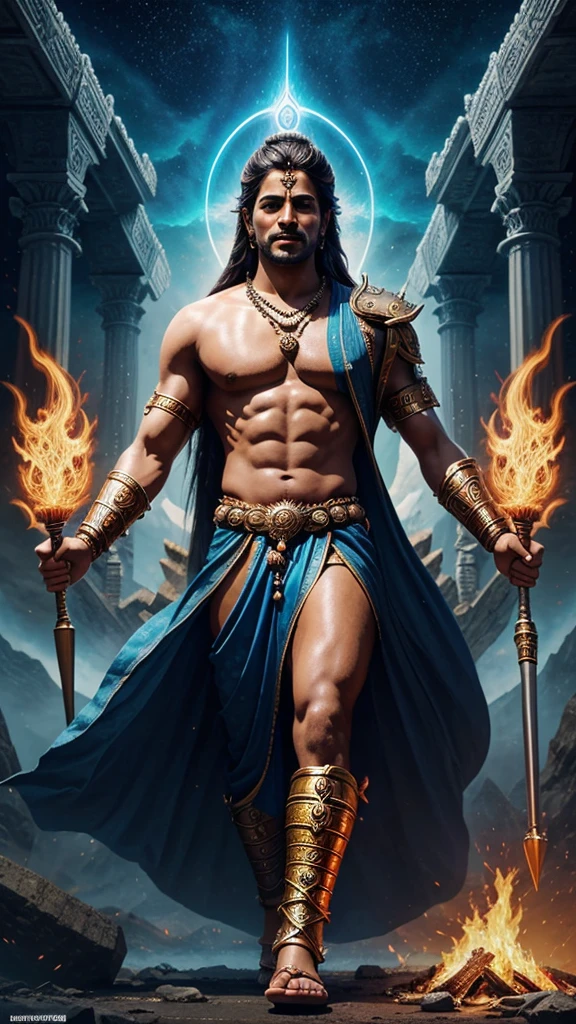 lord krishna is shown in the middle of the sky, surrounded by fire, legendary god holding spear, divine realm of gods, from ramayan, epic artwork, epic digital art, god shiva the destroyer, puṣkaracūḍa, amazingly epic visuals, indian god, stunning vfx, beautiful image ever created, epic scene of zeus, artificial intelligence god, concept art of god, epic digital painting, divine god, epic digital art illustration, epic poster art, divine background, vfx movie