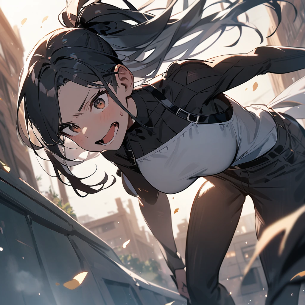 Girl's sloppy appearance, dark hair in a ponytail, mixed race, fire, Black T-shirt, inflammation, elegant, Digital Painting, Concept Art, Sharp focus, figure ,masterpiece, best quality, very aesthetic, absurdres