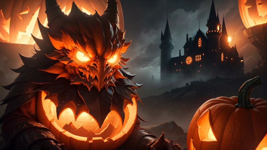(ultra high quality) (4k) (perfect details) A Monster with a pumpkin head sitting on a throne, he is surrounded by fog and is on top of a fabulous castle, the castle shines like the stars and has an orange color, he has an orange staff that has so much power, that only he is capable of holding it