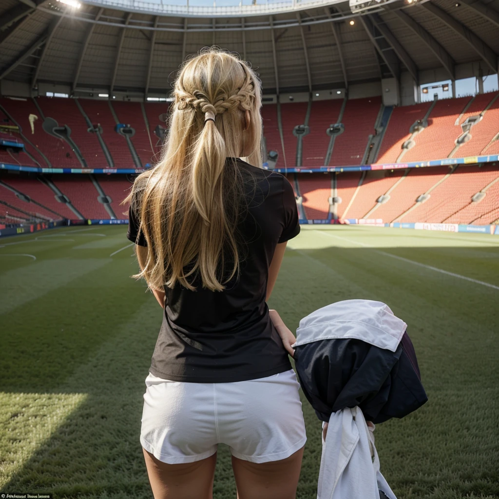 A woman from behind,hair and blonde,on his back in a soccer stadium completely filled with the shirt of the Colombian team which has the number 07 and is marked with the name of "Adriana"