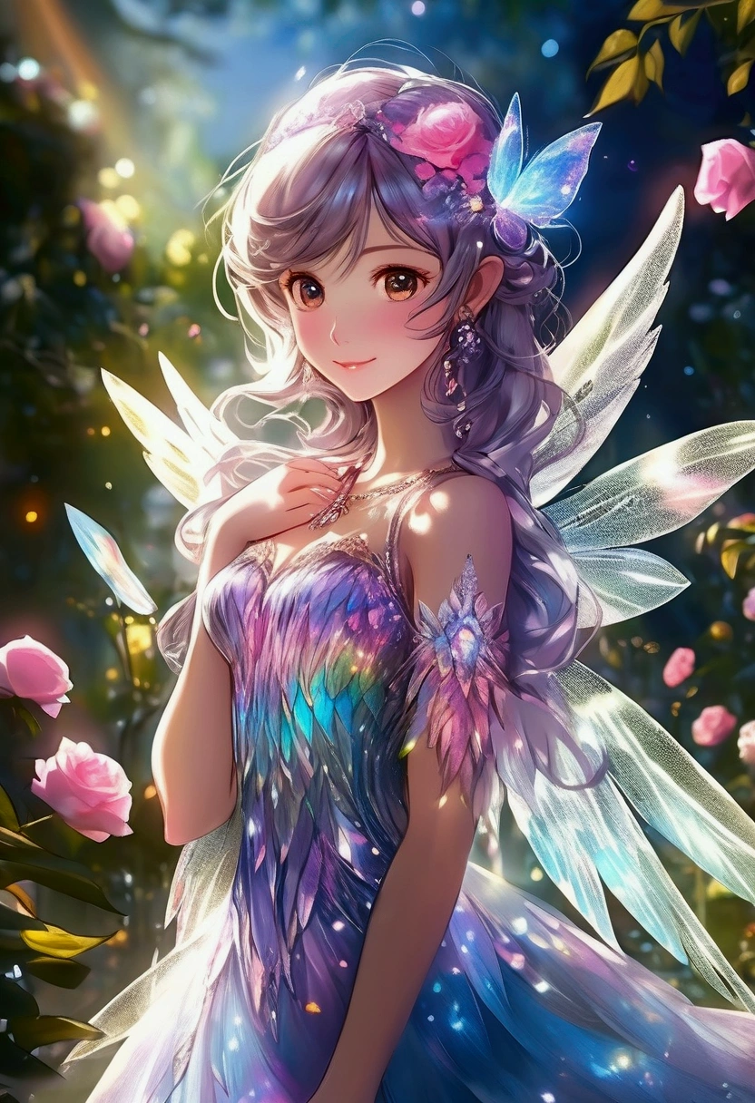 Beautiful Transparent Flower Fairy Fairy Dress, Wavelength dispersion, colored glaze, Multicolor prism effect, Rainbow Core, iris, Transparent colorful feathers, Beautiful blue sky and white clouds、The girl has transparent wings､Smiling Kindly､Beautiful garden background､Gentle and transparent，Correct Anatomy, Delicate pattern，Pink rose space, Soft lighting, ( bokeh)，masterpiece, Very detailed, A magnificent composition, highest quality, 8K，Epic romantic fantasy digital art，Epic fairy tale fantasy digital art，Mythical fantasy，UHD resolution，Detailed detailed view，Realistic，Very realistic，Cinematic Lighting,Award-winning photography,Rich colors，Ultra-realistic, lifelike textures，Dramatic lighting