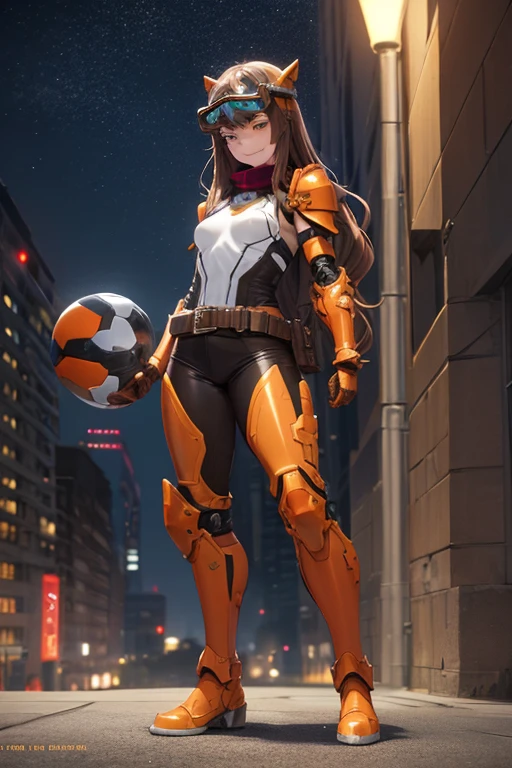 ((best quality)), ((masterpiece)), (detailed), 1 girl, full body, 20s, young adult, brown aviator helmet, spiked helmet, night vision goggles, evil smile, long white scarf, wavy brown hair with a lock, brown collar, somewhat short, very thin, spikes on forearms, brown details, large brown gloves, brown wrist guards, brown nanotech suit, light armor, brown chest with an emblem, high shoulder pads, orange suit with brown stripes, brown tiger stripes, triangular emblem on chest, very small breasts, blue emblem, orange pants, brown knee pads, metallic brown boots, metallic brown shoes, brown superhero belt, standing on a building, city background, anime, holding a spiked ball in her hand
