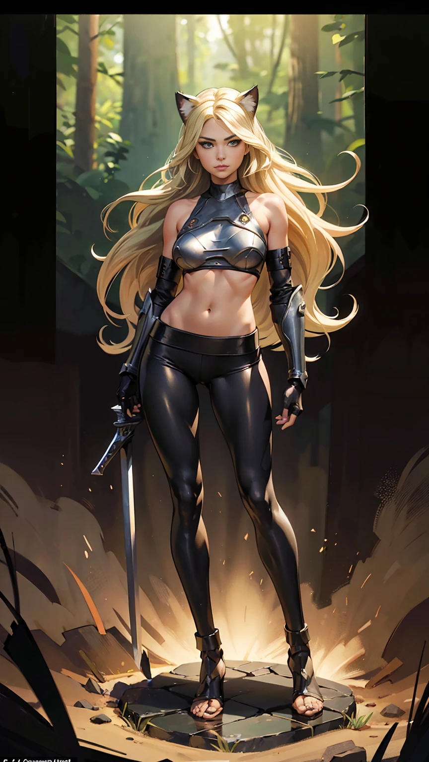 (((full body photo)))  Kate Austen, ************, girl with 3 pair of arms, long blond hair, flowing blond hair, cat ears, green eyes, in a full body black armor with leggings, masterpiece, high quality, outsideheroine pose, with a sword in hand, shoulders exposed, navel exposed, gloves,
.