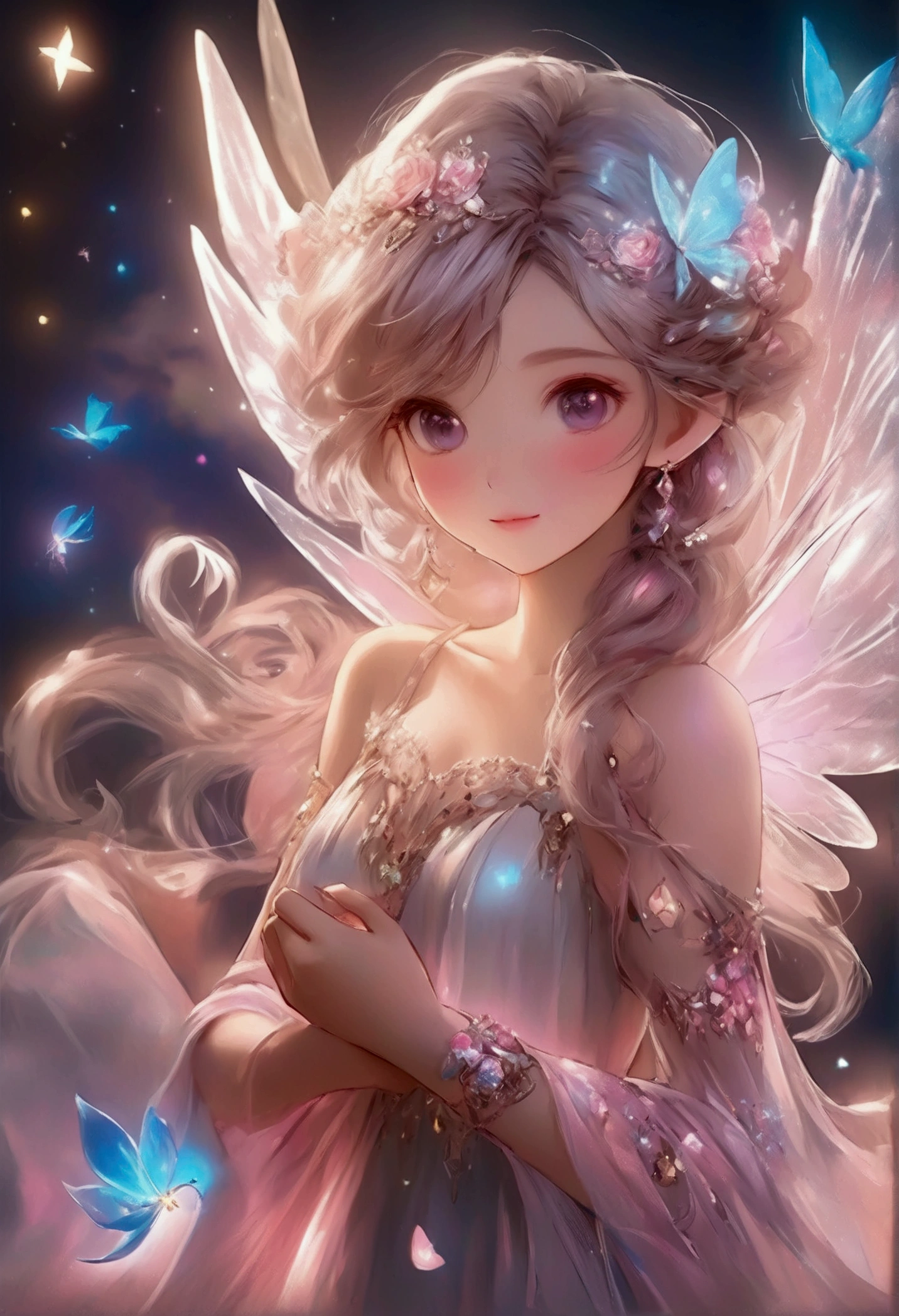 1 moon,Beautiful transparent flower fairy baby, Transparent colorful wings, The wand flutters in the wind、The wand flashed with starlight,Golden wand,Beautiful blue sky and white clouds、Girls have transparent wings、kindly smile、Beautiful garden background、Gentle and transparent,anatomy correct, Delicate pattern,Pink rose space, Soft lighting, ( Bokeh),Masterpiece, Super detailed, Epic composition, Highest quality, 8K,Epic romantic fantasy digital art,Epic fairy tale fantasy digital art,Mythological fantasy,UHD resolution,Detailed detail drawing,realisticlying,Very realistic,cinmatic lighting,an award winning photograph,rich colours,hyper realistic lifelike texture,dramatic lighting --auto