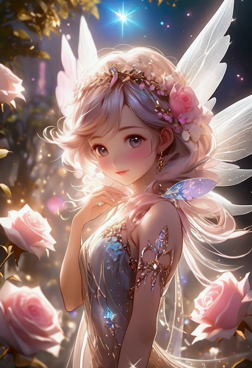 1 moon，Beautiful transparent flower fairy baby, Transparent colorful wings, The wand flutters in the wind､The wand flashed with starlight，Golden wand，Beautiful blue sky and white clouds、Girls have transparent wings､kindly smile､Beautiful garden background､Gentle and transparent，??????? correct, Delicate pattern，Pink rose space, Soft lighting, ( Bokeh)，Masterpiece, Super detailed, Epic composition, Highest quality, 8K，Epic romantic fantasy digital art，Epic fairy tale fantasy digital art，Mythological fantasy，UHD resolution，Detailed detail drawing，realisticlying，Very realistic，cinmatic lighting,an award winning photograph,rich colours，hyper realistic lifelike texture，dramatic  lighting --auto