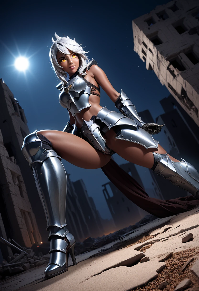 (masterpiece, top quality, best quality, beautiful and aesthetic:1.2), full body, SFW, extremely detailed, detailed eyes, detailed hands, cinematic light, depth of field, 1girl, seducing smile, solo, official, (armored knight:1.4), dark armor, chloe von, silver hair, golden eyes, tanned, tan skin, slim body, cinematic lighting, dramatic lighting, dramatic atmosphere, hyper-realistic, high resolution, stunning contrast, high quality, best quality, 8k, 4k, intricately detailed, (amazing details:1.2), highly detailed skin, powerful presence, vibrant colors, (detailed eyes:1.2), striking eyes, (detailed background), (warzone on background, night, ruins), (dynamic angle:1.2), (dynamic pose:1.2)
