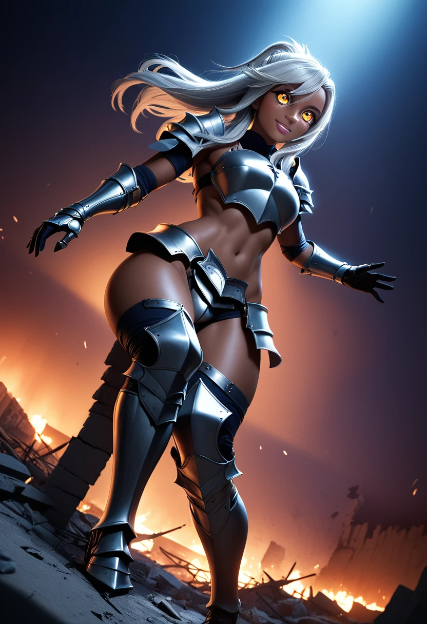 (masterpiece, top quality, best quality, beautiful and aesthetic:1.2), full body, SFW, extremely detailed, detailed eyes, detailed hands, cinematic light, depth of field, 1girl, seducing smile, solo, official, (armored knight:1.4), dark armor, chloe von, silver hair, golden eyes, tanned, tan skin, slim body, cinematic lighting, dramatic lighting, dramatic atmosphere, hyper-realistic, high resolution, stunning contrast, high quality, best quality, 8k, 4k, intricately detailed, (amazing details:1.2), highly detailed skin, powerful presence, vibrant colors, (detailed eyes:1.2), striking eyes, (detailed background), (warzone on background, night, ruins), (dynamic angle:1.2), (dynamic pose:1.2)
