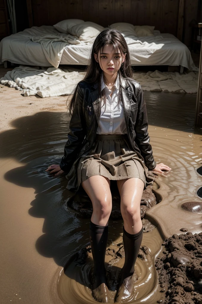 Realistic photo in an extremely muddy large luxury bed room of 3 slender ladies with long hair of model appearance, dressed in a black dirty knee-size pencil business skirt(made of cotton and wool fabric), black muddy unbuttoned business jacket, white dirty shirt, black shoes, black dirty ripped stockings. They forced one of them(slim lady with long hair of model appearance) to sit, lie on her knees on the bed, ripped her clothes, they made holes in her skirt, jacket, then poured a lot of buckets of liquid mud on her head and clothes. Liquid mud flows from her head to jacket, shirt, skirt, they smear it over her clothes. They look like they did after swimming in a pool with mud in their clothes, like after having a multiple buckets of liquid mud poured on their clothes.They crawling, sitting on their backs, sitting on knees in different poses on the extremely muddy bed and smear a lot of liquid mud on skirt, shirt, business jacket, their skirt and business jacket covered with a lot of liquid mud. They smearing a lot of mud on their clothes, their clothes are stained with liquid mud there are in a lot of stains from mud, their clothes are covered with a lot of splashes and stains of liquid mud. The scene unfolds against a backdrop of natural light, casting dramatic shadows that highlight the intricate details of the dried and liquid dirt on their clothes and the tactile roughness around them., photo