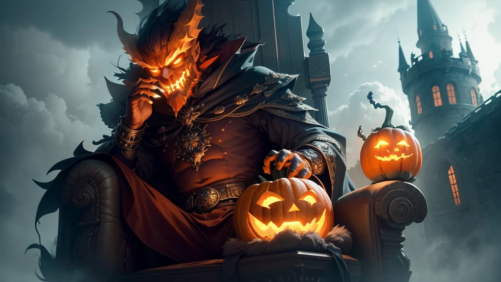 (ultra high quality) (4k) (perfect details) A Monster with a pumpkin head sitting on a throne, he is surrounded by fog and is on top of a fabulous castle, the castle shines like the stars and has a beautiful color, he has an orange staff that has so much power that only he is capable of holding it