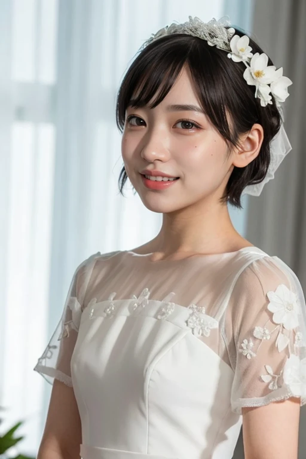 (wedding bun short hair:1.2), (white wedding dress, intricate dress, ball gown, bridal veil, bride, curtains, depth of field, dress, flower, hair flower, hair ornament, see-through, white flower, white rose:1.1), (face full of joy:1.3), one girl, , 8k, RAW photo, best quality, masterpiece, realistic, photo-realistic, clear, professional lighting, BREAK, no makeup face, smile, BREAK, (small breasts:1.2), (looking back:1.2), (black eyes, black hair:1.2), full body shot