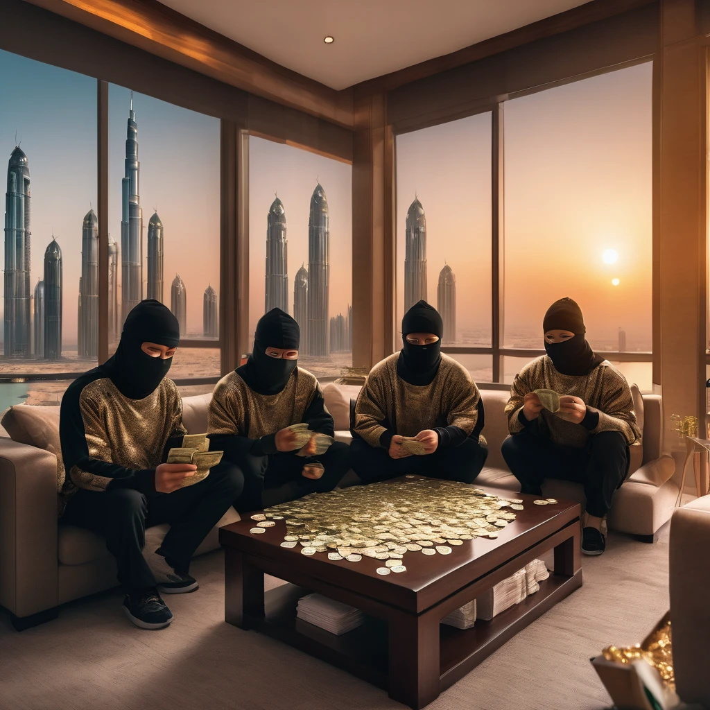 A realistic image of a chinese gang with ski masks and counting their money in their apartment in dubai, high quality picture, ultra high quality picture, photorealistic, 4k, 8k, 16k, Volumetric Lighting, full picture, highly detailed lighting, de, beautiful skies, clear skies, sunset