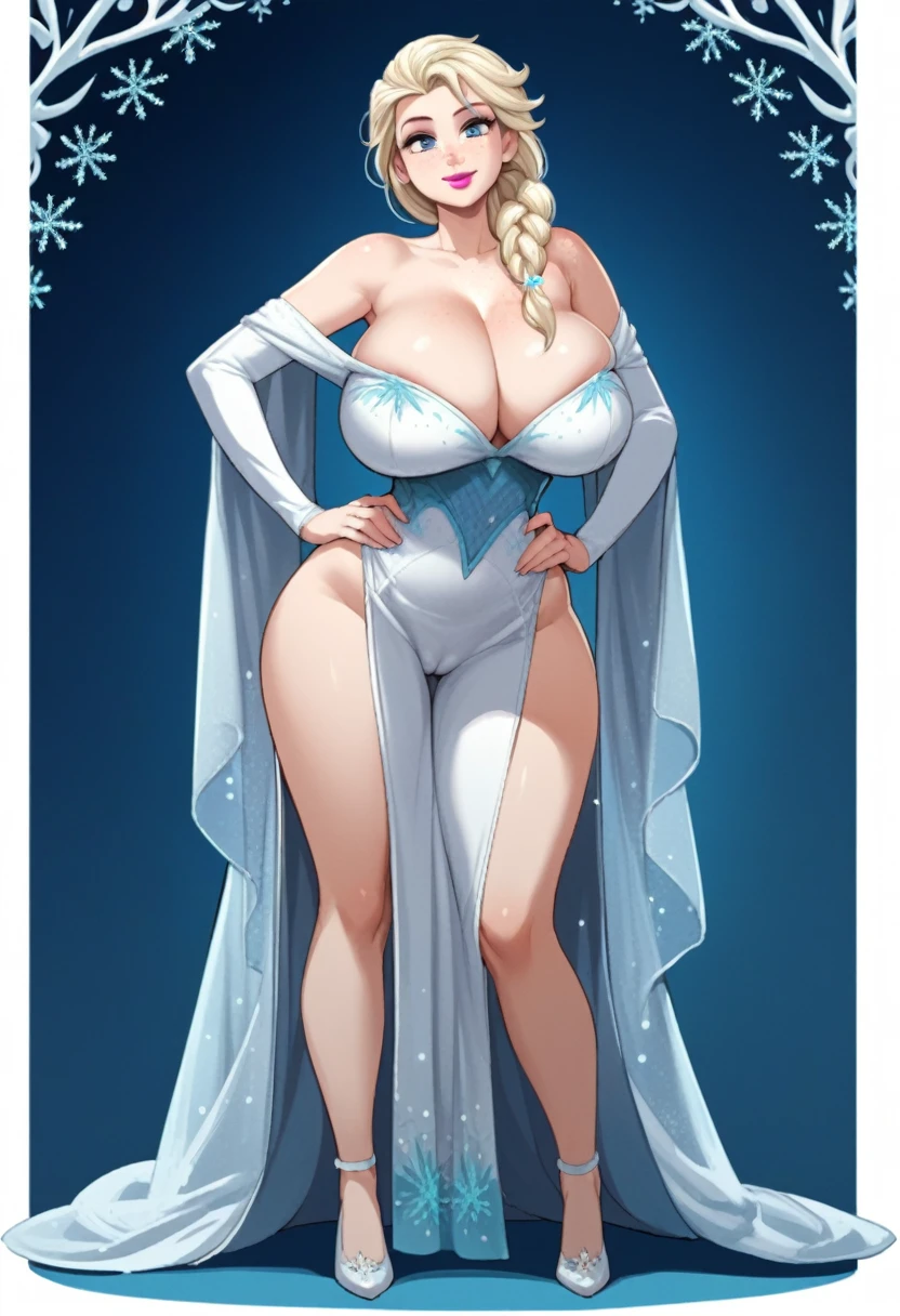 nanao yukiji style, score_9, score_8_up, score_7_up, score_6_up,source_Anime, elsa, 1girl, elsa (frozen), solo, blue eyes, blonde hair, long hair, skimpy dress, huge breasts, bouncy breasts, makeup, freckles, smile, full lips, lipstick, bare shoulders, snowflakes, single braid, off shoulder, wide hips, slim waist, pelvic curtain, cameltoe, hands on own hips, white dress, full body