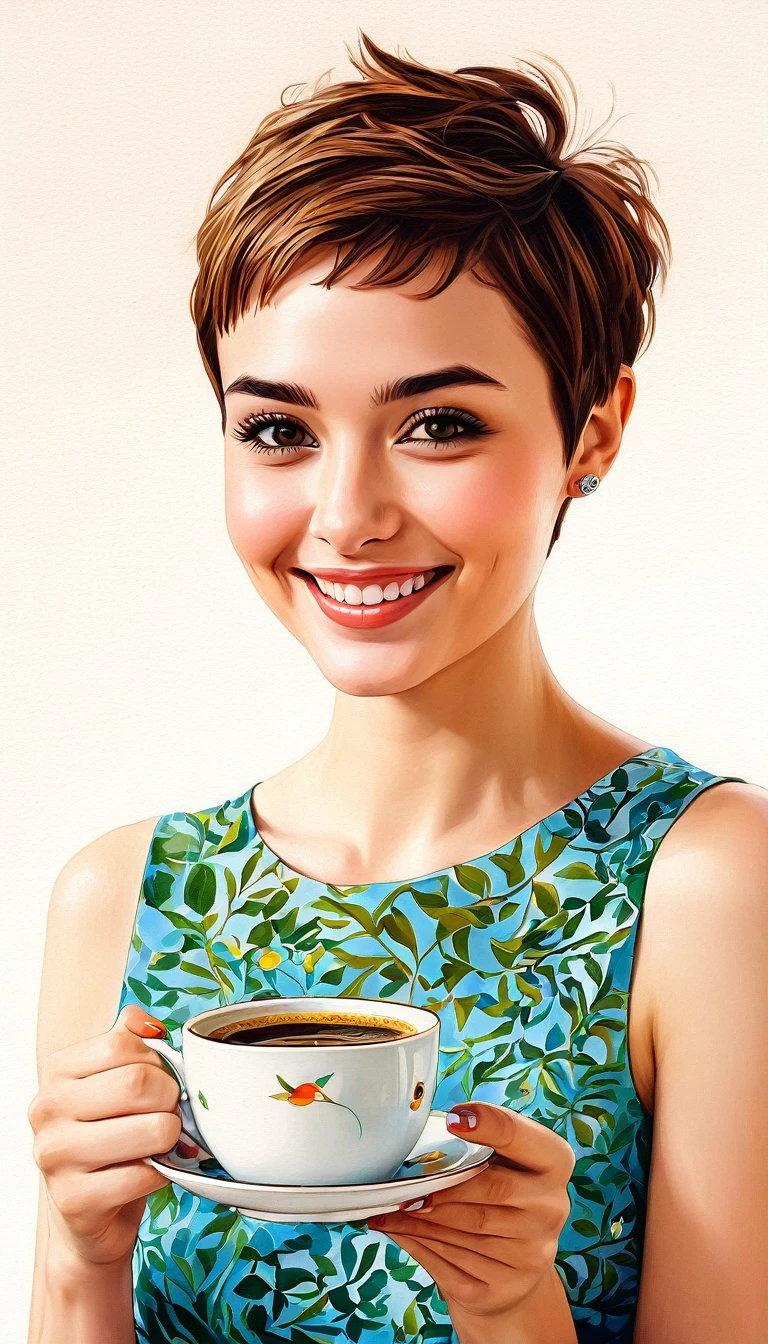 creates a woman smiling short hair pixie , Flores, yuna cup of coffee masterpiece, estilo illustration de Ali Erturk, high detail, hyperrealistic, natural light,illustration , Bright colors