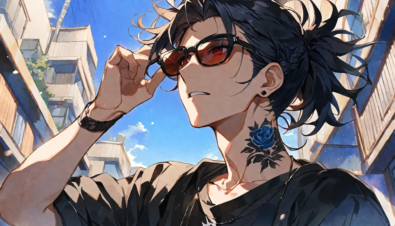 Solo,handsome,watercolor,1 male, Ponytail, Braided black hair, red eyes, Gojo Satoru,casual,Blue Rose Tattoo,black Oversized 服,casual,Stylish,cool,Wear sunglasses around your neck,Void,look up,Blue Sky