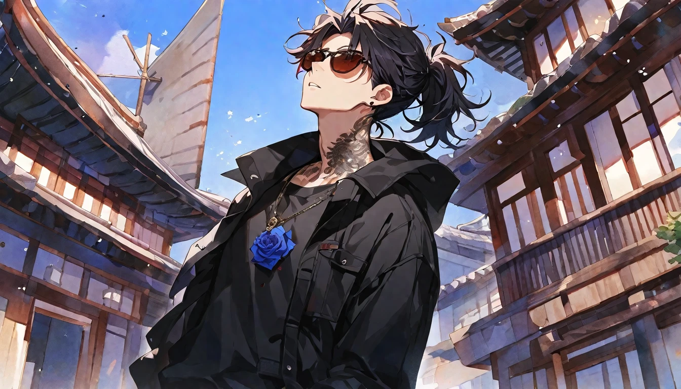 Solo,handsome,watercolor,1 male, Ponytail, Braided black hair, red eyes, Gojo Satoru,casual,Blue Rose Tattoo,black Oversized 服,casual,Stylish,cool,Wear sunglasses around your neck,Void,look up,Blue Sky