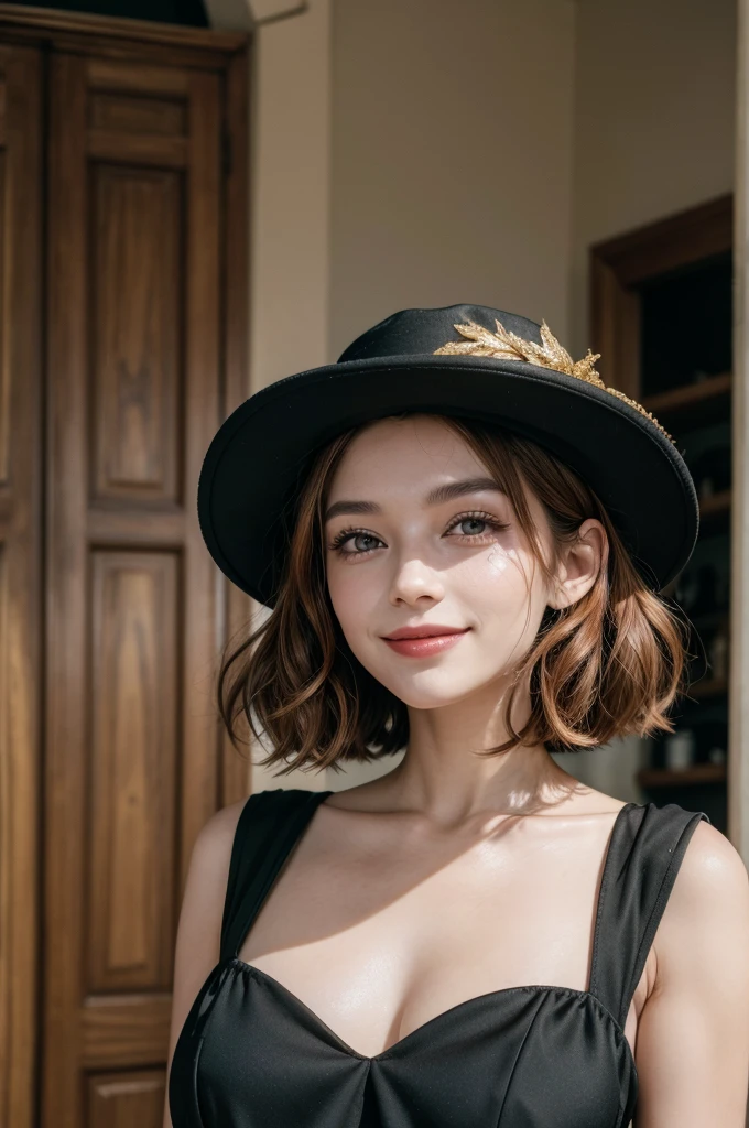 2625625573 photo of an ITALIAN woman SMILING, with hat, WITH ITALIAN BOB HAIR wearing a black and gold dress, chestnut hair, (8k hd:1.1), (Film grain:1.1), (CRU photo:1.1),