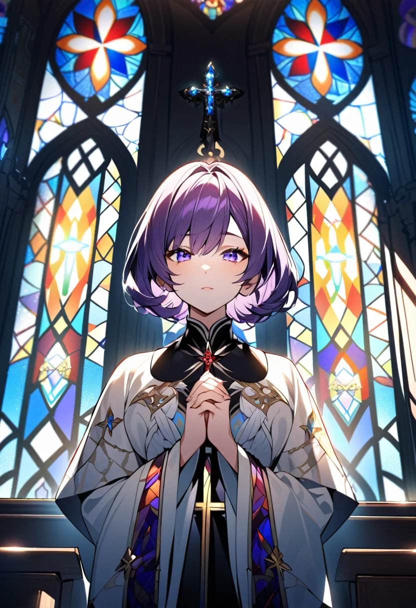 I'm in church.
There's a boy praying in the church
It's a place with beautiful stained glass.
It has an angel painted on it.
angel looks like
hair style is short.
hair color is dark purple.
looks like Russian girl.
