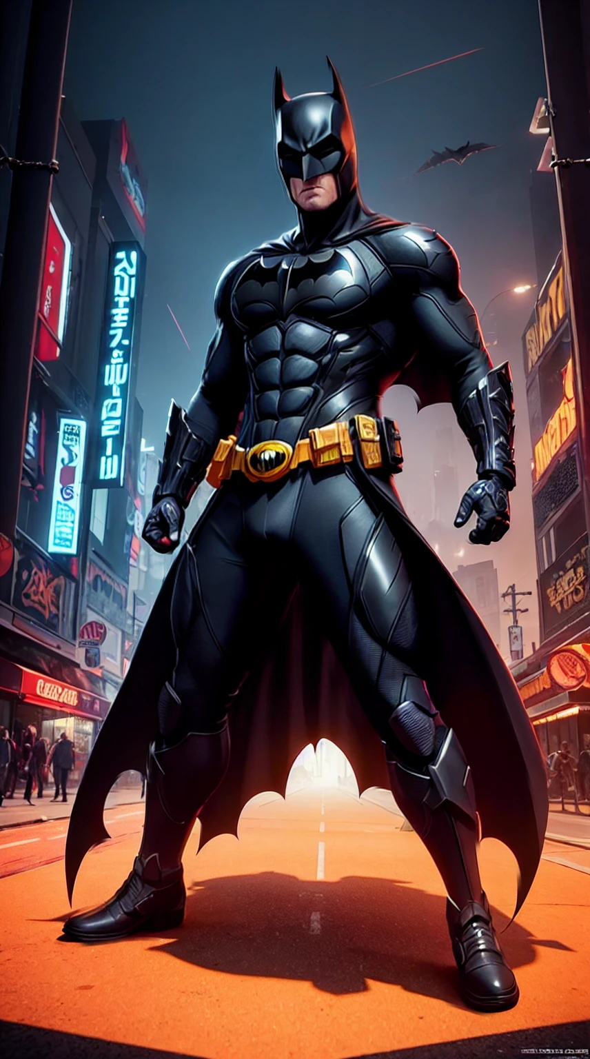 ((Full body photo,standing, on the ground)) Batman, TM Samurai, intricate face details, poster style, icons, vibrant colors, vector style, digital art, 4K, intricate details, mesmerizing, professionally made, beautiful vector illustration, 12K resolution, 3D, all characters in detailed full body, highly detailed, vibrant, ultra high quality, Hyperrealism, Photorealism, octane render]