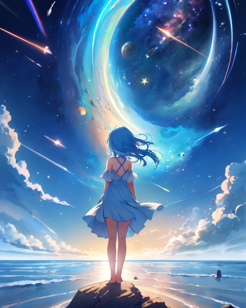 anime artwork 1girl, gorgeous, delicate, blue hair, wearing light blue dress, barefoot, looking up into sky, standing in sea, perfect face, beautiful eyes, sky is galaxy and stars, twilight, shooting meteorites, longing . anime style, key visual, vibrant, Studio Anime, highly detailed, blue, zero, horizon, One girl, Planets and Stars々