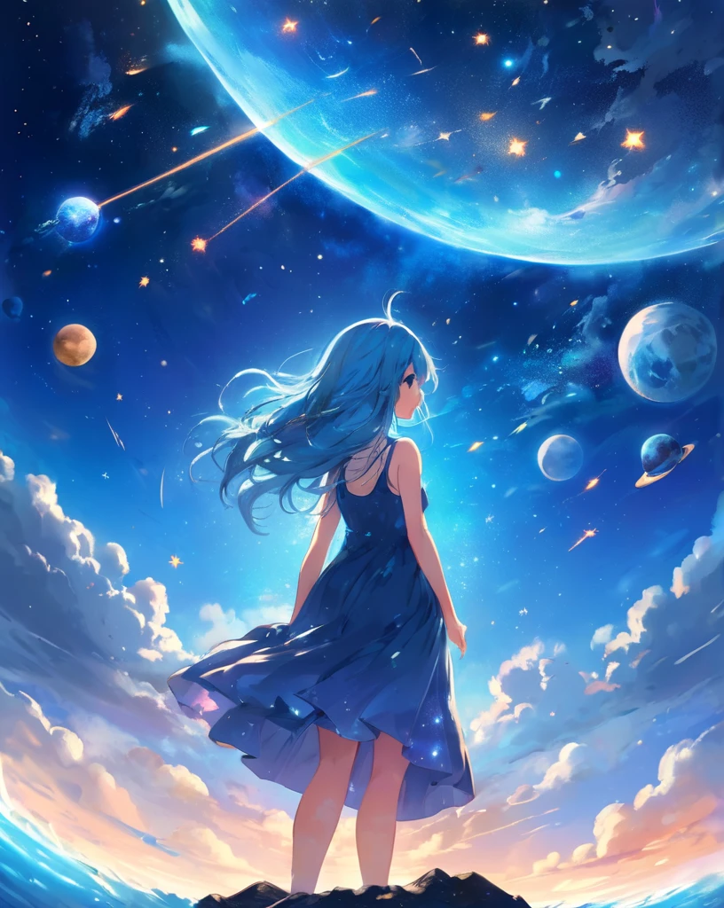 anime artwork 1girl, gorgeous, delicate, blue hair, wearing light blue dress, barefoot, looking up into sky, standing in sea, perfect face, beautiful eyes, sky is galaxy and stars, twilight, shooting meteorites, longing . anime style, key visual, vibrant, Studio Anime, highly detailed, blue, zero, horizon, One girl, Planets and Stars々