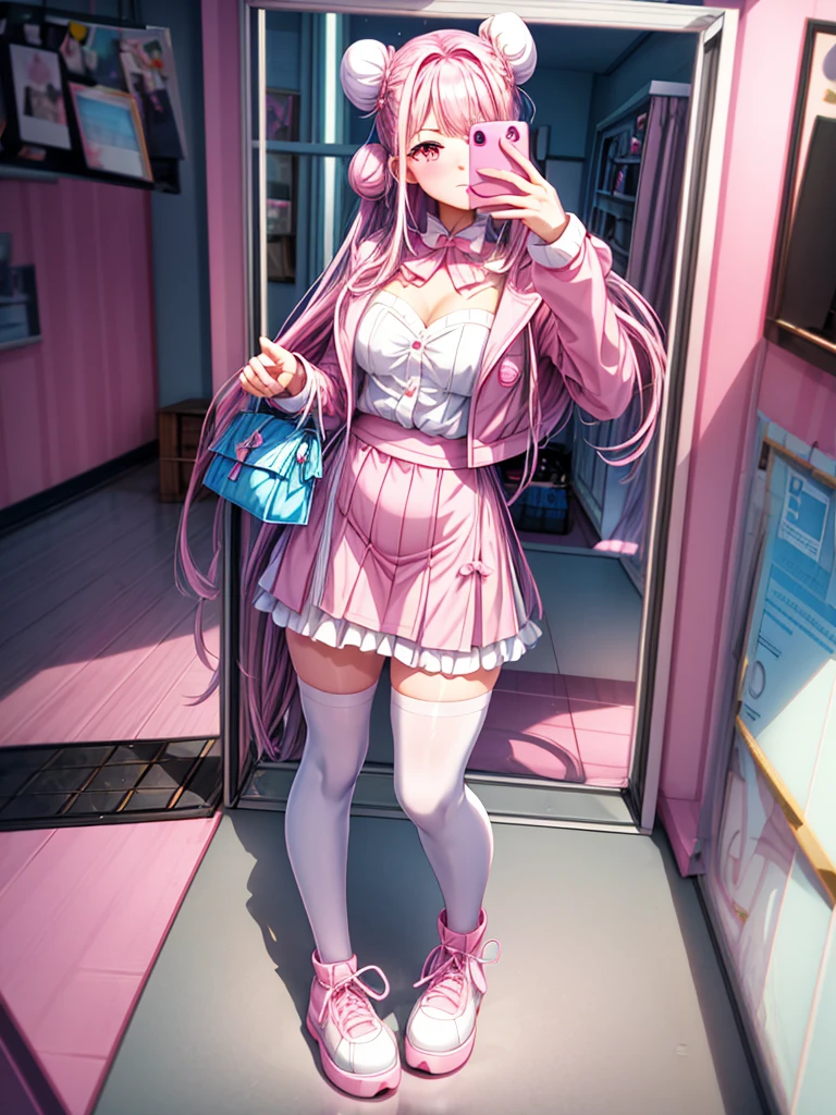 highest quality, masterpiece, pink hair、twin tails、big breasts、tits、In underwear、bra、pants、exposed、Slut、Thighhighs、long coat、bend down、Shopping mall