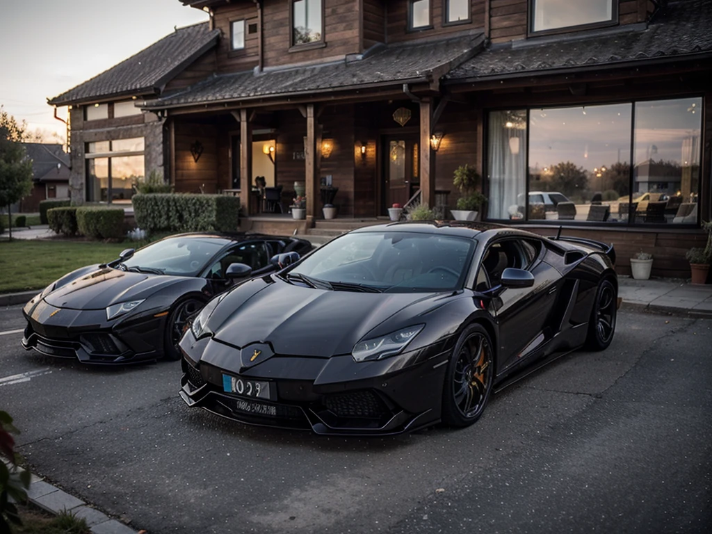 Create a purple manor with a purple Lamborghini in front, 8k, HDR, realistic details, real life