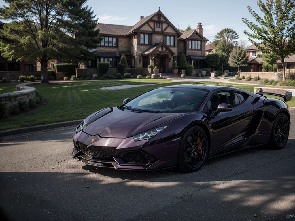 Create a purple manor with a purple Lamborghini in front, 8k, HDR, realistic details, real life