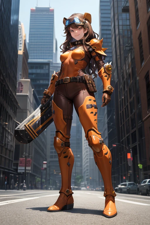 ((best quality)), ((masterpiece)), (detailed), 1 girl, full body, 20s, young adult, brown aviator helmet, spiked helmet, large goggles, evil smile, long white scarf, wavy brown hair with a lock, brown collar, somewhat short, very thin, spikes on forearms, brown details, large brown leather gloves, brown wrist guards, brown nanotech suit, light armor, brown chest with an emblem, high shoulder pads, orange suit with brown stripes, brown tiger stripes, triangular emblem on chest, very small breasts, blue emblem, orange pants, brown knee pads, metallic brown boots, metallic brown shoes, brown superhero belt, standing on a building, city background, anime, holding a spiked ball in her hand