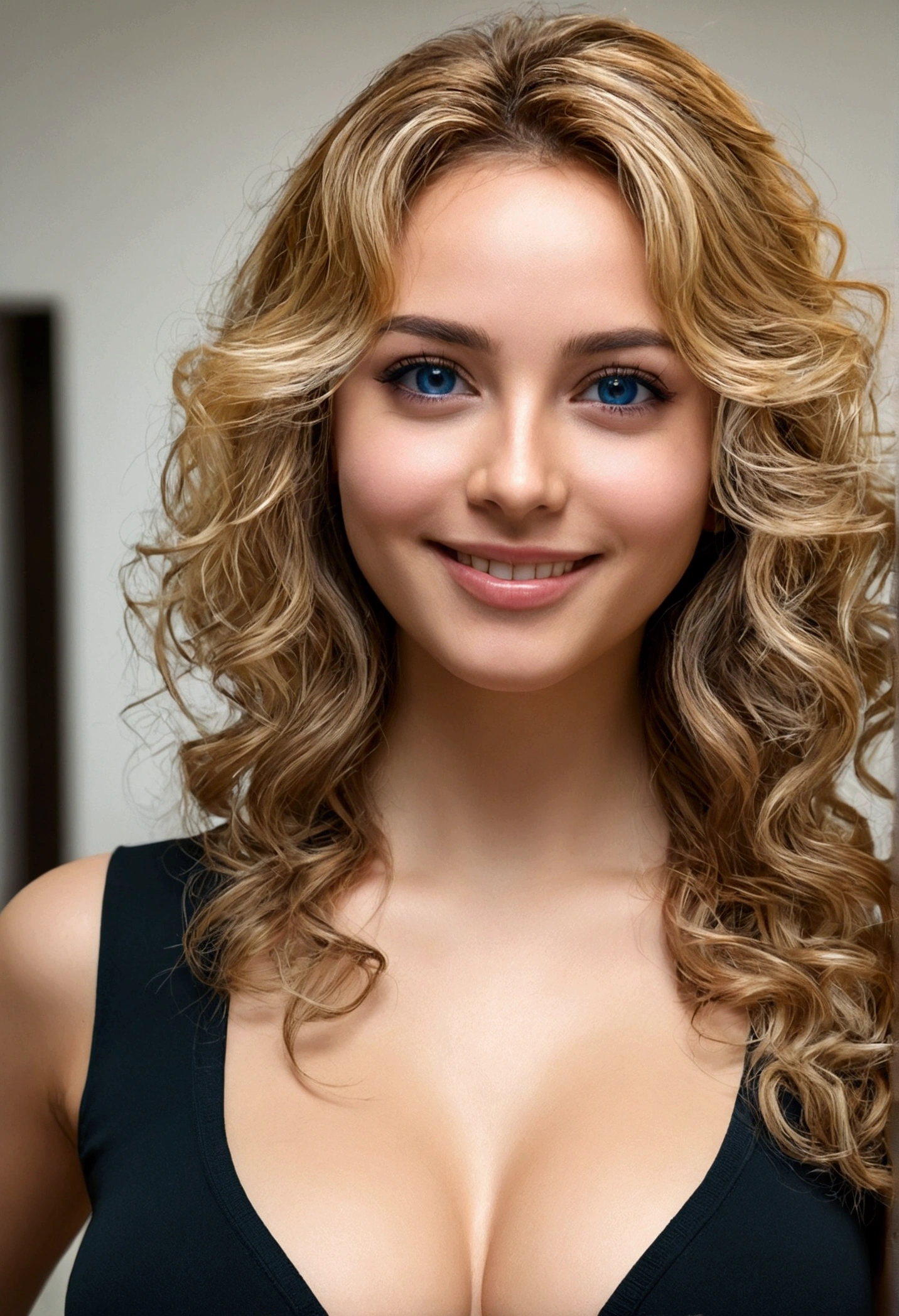 Sexy girls with big breasts and a beautiful ass. A beautiful brunette with blonde locks wearing a black shirt (in a room ), Very detailed, 22 years, , , innocent face, Natural wavy hair, Blue eyes, High accuracy, Tafah, Best quality, Complex high detail, Very detailed, Intense focus, Detailed skin, realistic skin texture, texture, Detailed eyes, professional, 4K, charming smile, Shoot the canon, 85 mm, Shallow depth of field, Kodak Vision Color, Perfect body , Very detailed, Photography_\(Super\), Realistic, real, Post processing, Maximum details, roughness, الحياه الrealه, Super realistic, الRealistic, Photography, 8K Ultra HD, Photography, Bankrupt