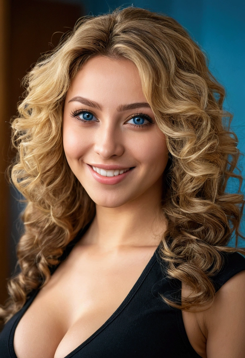 Sexy girls with big breasts and a beautiful ass. A beautiful brunette with blonde locks wearing a black shirt (in a room ), Very detailed, 22 years, , , innocent face, Natural wavy hair, Blue eyes, High accuracy, Tafah, Best quality, Complex high detail, Very detailed, Intense focus, Detailed skin, realistic skin texture, texture, Detailed eyes, professional, 4K, charming smile, Shoot the canon, 85 mm, Shallow depth of field, Kodak Vision Color, Perfect body , Very detailed, Photography_\(Super\), Realistic, real, Post processing, Maximum details, roughness, الحياه الrealه, Super realistic, الRealistic, Photography, 8K Ultra HD, Photography, Bankrupt