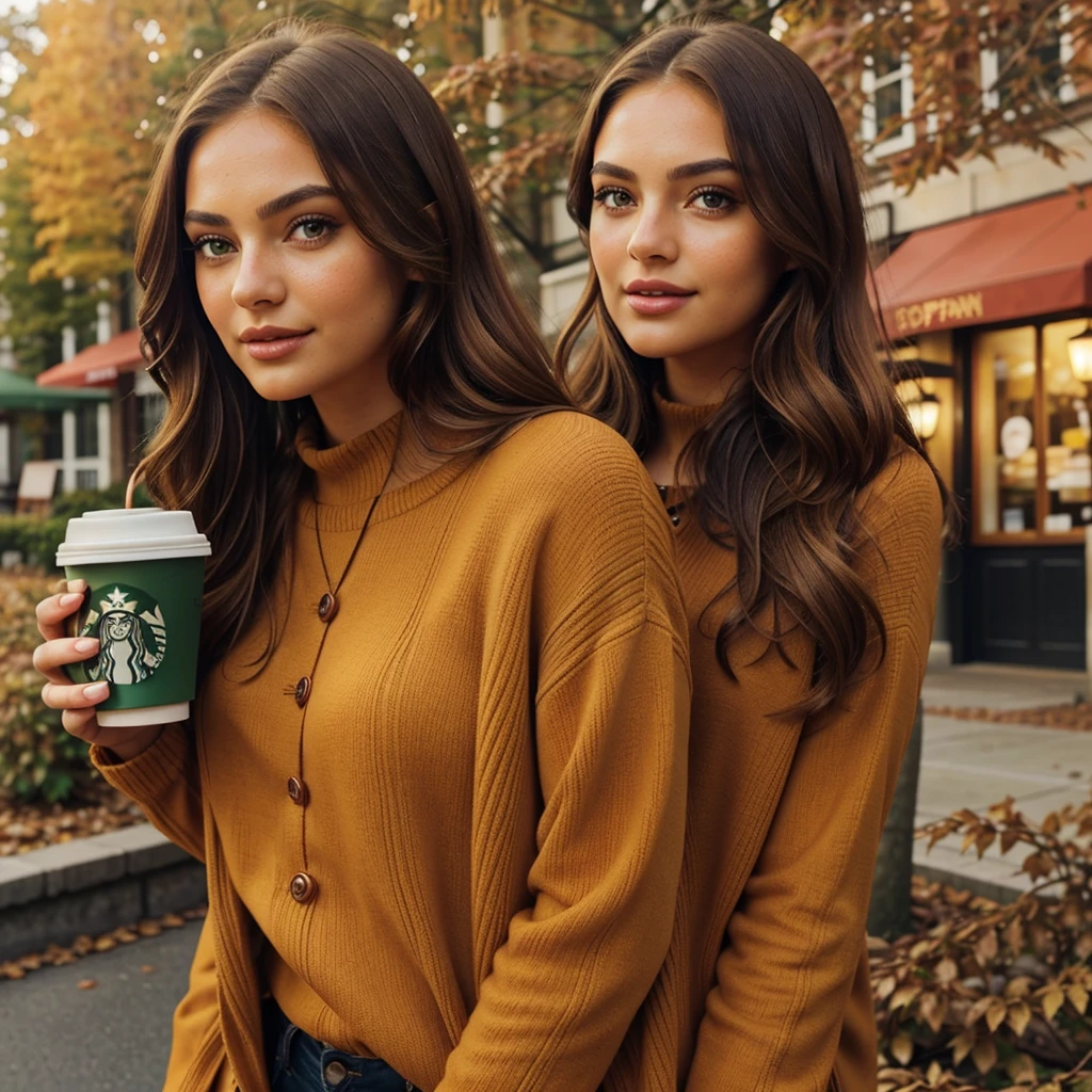 1 girl, beautiful detailed eyes, beautiful detailed lips, extremely detailed eyes and face, long eyelashes, athletically fit hourglass figure, warm sun-kissed complexion, emerald green expressive eyes, relaxed and confident expression, wavy mid-length chestnut brown hair, fashionable and subtly spiced autumn-inspired outfit, holding a Starbucks pumpkin spice latte, warm autumnal environment with falling leaves, soft and warm lighting, highly detailed, photorealistic, 8k, masterpiece