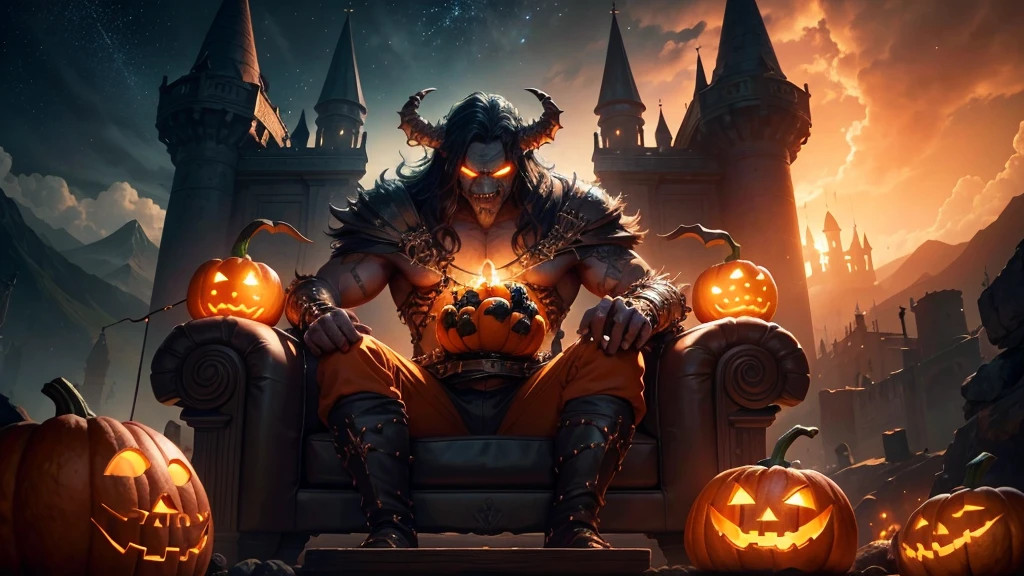 (ultra high quality) (4k) (perfect details) A Monster with a pumpkin head sitting on a throne, he is on top of a fabulous castle, the castle shines like the stars and has a beautiful color, this castle is located in a kind of paradise, a very beautiful place, however chaotic, the monster has an orange staff that has so much power that only he is capable of holding it