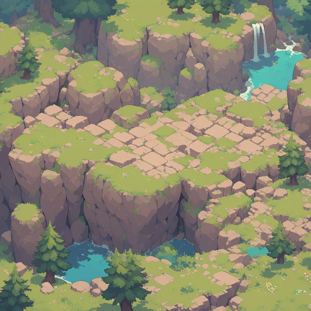 retro video game style,pixelated, vibrant pastel colors,8-bit characters,blocky shapes,sharp lines,detailed shading,classic gaming vibe,nostalgic atmosphere,classic arcade games,masterpiece:1.2,ultra-detailed,illustration style, 2d texture, stone texture, 4 k seamless mud texture, video game texture, dirt texture, tileset, game tiles, grass, 3/4th perspective trees, 3/4th perspective tileable rock texture, 3/4th perspective tileable cliff formations, tileable trees, topdown view, game texture, game art, tileable texture, very detailed cliff texture, intricate stones, top down view, 3/4th perspective