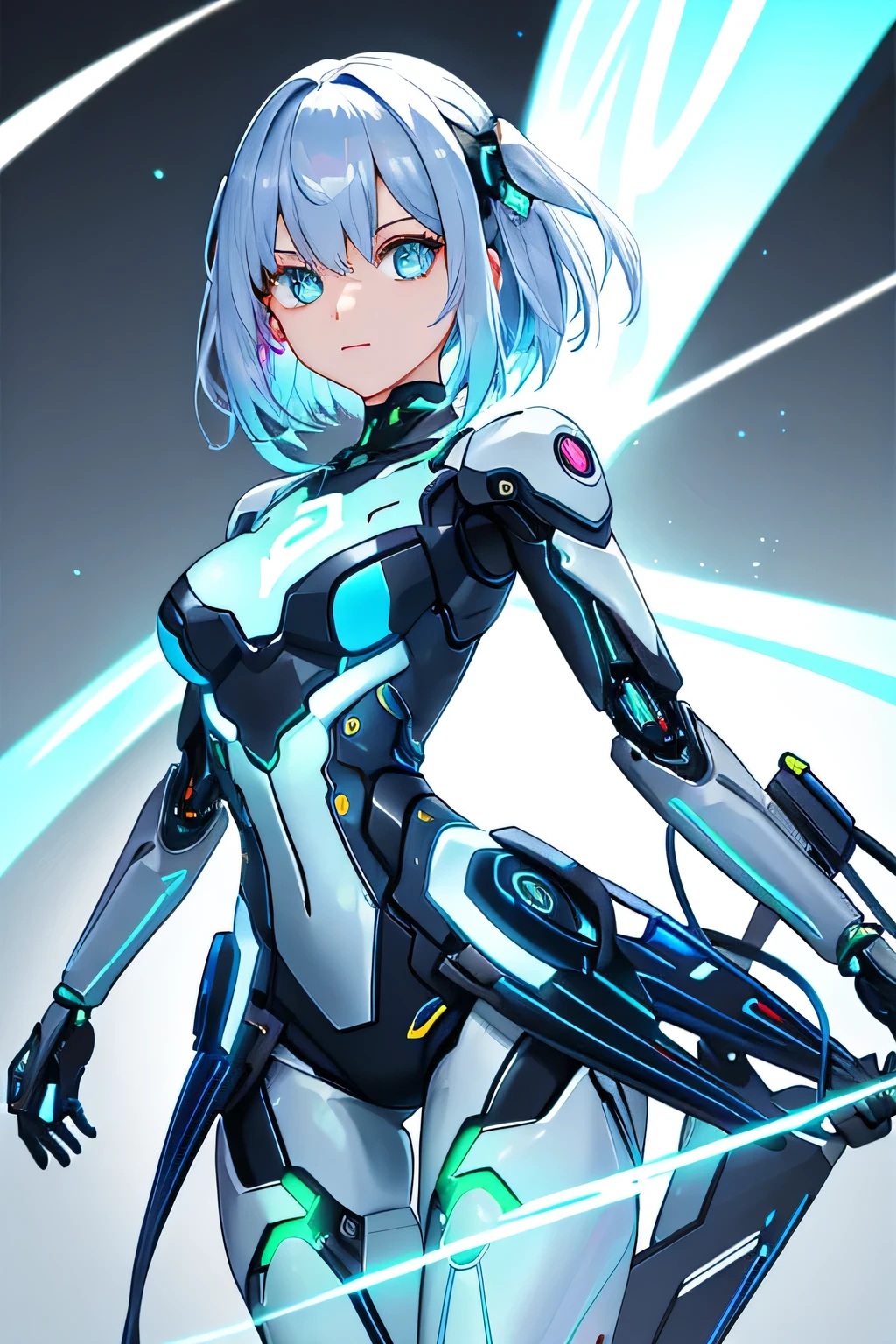 Glowing cyber girl with cybernetic arm,(J Women's Uniform,Sailor suit,White Skirt,)Standing in a post-apocalyptic battlefield.Surrounded by a network of wires. surrounded by circuits. (Cyber Girl with a glowing orange sword:1.3), Shiny Silver Short Hair,Messy ponytail,Cute Smile,Perfect round face,Iris,A bright smile that makes everyone happy,Proper body balance,Intricate details,Very delicate and beautiful hair,Photo Real,dream-like,Professional Lighting,Realistic Shadows,Focus Only,Beautiful Hands,Beautiful fingers,Detailed finger features,Detailed clothing features,Detailed hair features,Detailed facial features,(Tabletop,Highest quality,Ultra-high resolution output images,) ,(8K quality,),(Picture Mode Ultra HD),,Sci-fi fantasy