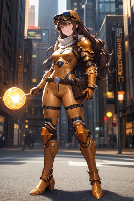 ((best quality)), ((masterpiece)), (detailed), 1 girl, full body, 20s, young adult, brown vintage aviator helmet, spiked helmet, large goggles, evil smile, long white scarf, wavy brown hair with a lock, brown collar, somewhat short, very thin, spikes on forearms, brown details, large brown leather gloves, brown wrist guards, brown nanotech suit, light armor, brown chest with an emblem, high shoulder pads, orange suit with brown stripes, brown tiger stripes, triangular emblem on chest, very small breasts, blue emblem, orange pants, brown knee pads, metallic brown boots, metallic brown shoes, brown superhero belt, standing on a building, city background, anime, holding a spiked ball in her hand
