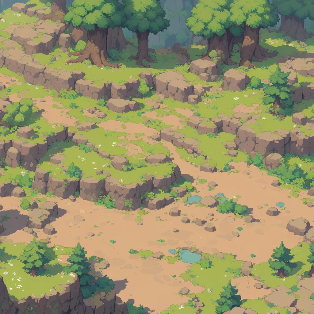 retro video game style,pixelated, vibrant pastel colors,8-bit characters,blocky shapes,sharp lines,detailed shading,classic gaming vibe,nostalgic atmosphere,classic arcade games,masterpiece:1.2,ultra-detailed,illustration style, 2d texture, stone texture, 4 k seamless mud texture, video game texture, dirt texture, tileset, game tiles, grass, 3/4th perspective trees, 3/4th perspective tileable rock texture, 3/4th perspective tileable cliff formations, tileable trees, topdown view, game texture, game art, tileable texture, very detailed cliff texture, intricate stones, top down view, 3/4th perspective