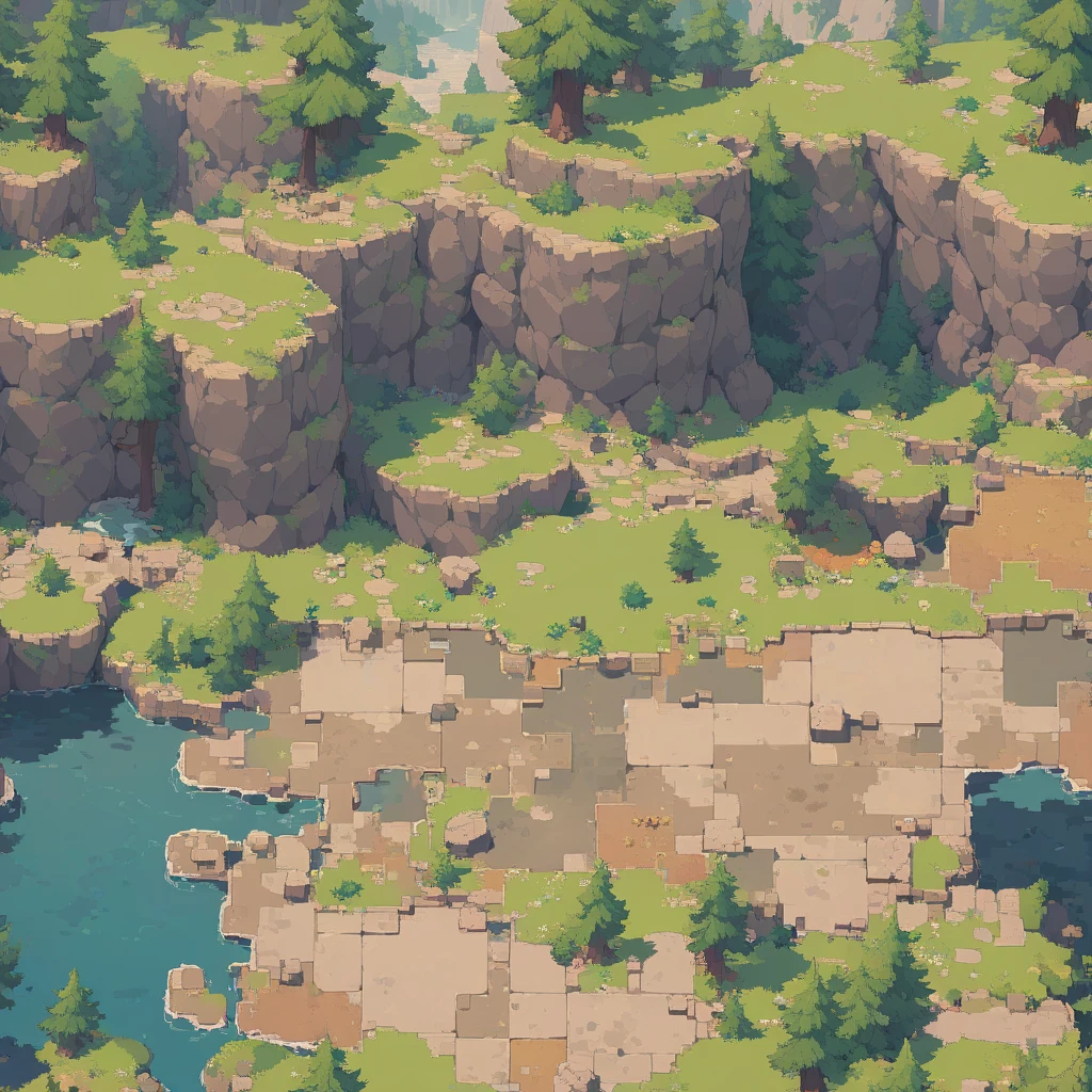 retro video game style,pixelated, vibrant pastel colors,8-bit characters,blocky shapes,sharp lines,detailed shading,classic gaming vibe,nostalgic atmosphere,classic arcade games,masterpiece:1.2,ultra-detailed,illustration style, 2d texture, stone texture, 4 k seamless mud texture, video game texture, dirt texture, tileset, game tiles, grass, 3/4th perspective trees, 3/4th perspective tileable rock texture, 3/4th perspective tileable cliff formations, tileable trees, topdown view, game texture, game art, tileable texture, very detailed cliff texture, intricate stones, top down view, 3/4th perspective