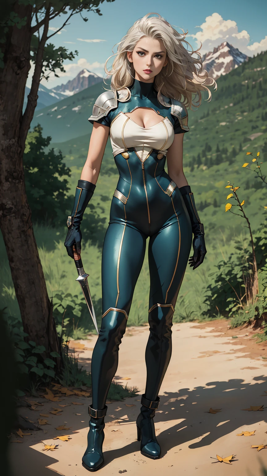 (((full body photo))),A middle-aged beautiful woman, long platinum-blond hair, neatly combed hair, a square face, a serious expression, sharp eyes, tall figure, a dark fantasy-realistic style bodysuit, short sleeve, a silver-white chestplate, gloves with metal accessories, three metal blades extending from the gloves, tight-fitting pants that match the bodysuit, silver-white metal shin guards, boots, the background is a mountain forest at night, with falling leaves, this character embodies a finely crafted fantasy-realistic style assassin in anime style, characterized by an exquisite and mature manga illustration art style, high definition, best quality, highres, ultra-detailed, ultra-fine painting, extremely delicate, professional, anatomically correct, symmetrical face, extremely detailed eyes and face, high quality eyes, creativity, RAW photo, UHD, 8k, Natural light, cinematic lighting, masterpiece-anatomy-perfect, masterpiece:1.5