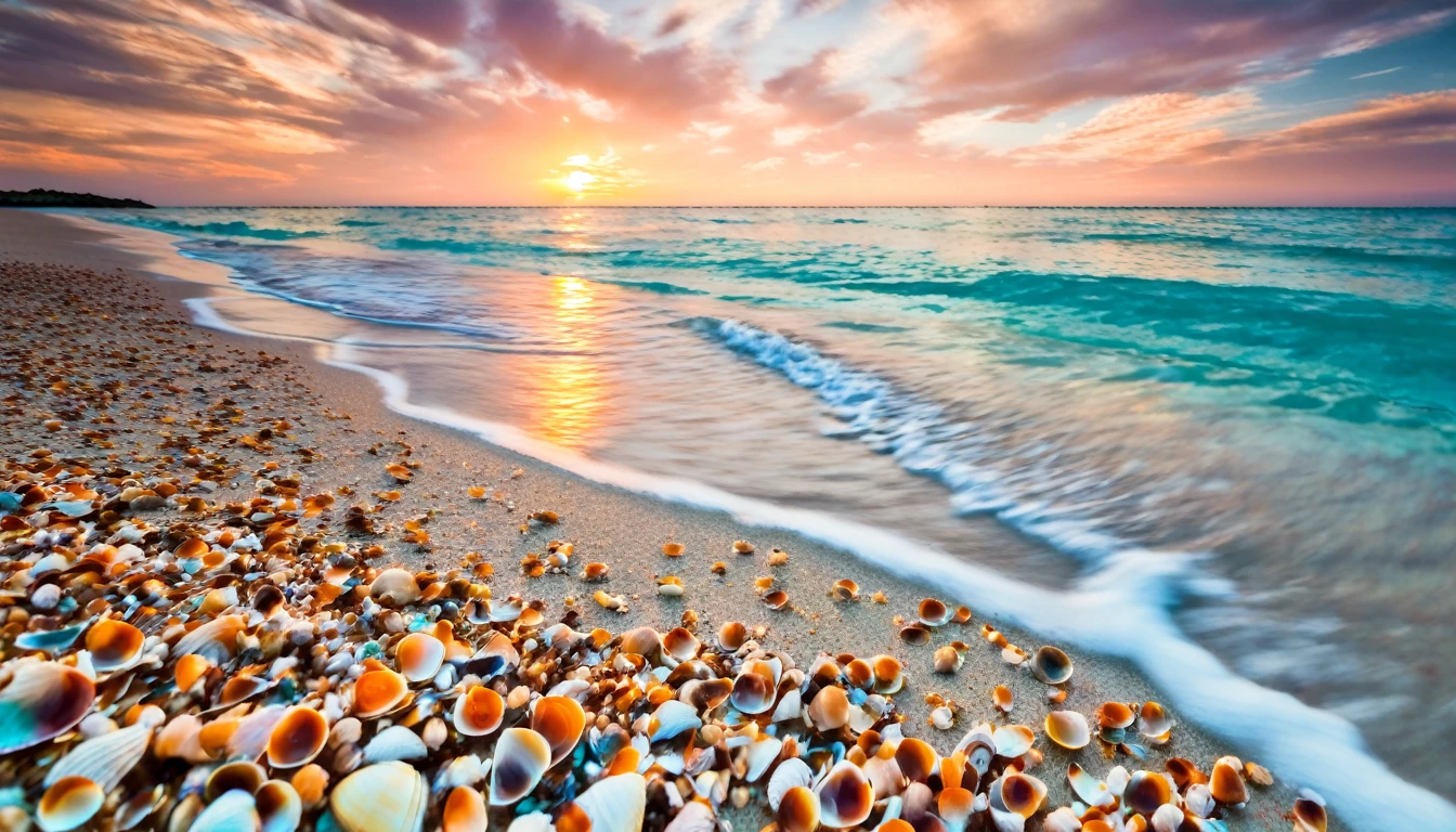 A serene beach scape, turquoise waters, sandy shore, seashells,
DSLR camera, wide-angle lens, golden hour, dreamy landscape, color
slide film