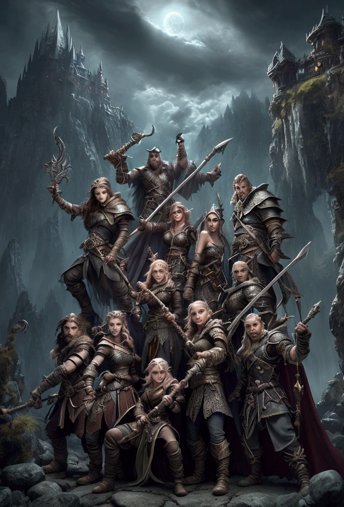 5 Fantasy characters, Group selfie, Loking at camera, Selfie, group portiait, Male Burly dwarf warrior with hammer, Elegant female elven ranger with bow, Young sorceress with staff, Female Rogue with cards, Adventurers smiling, Ominous sky, Eerie light, Dark Rocky chasm Fantasy landscape, night, Dangerous surroundings, Epic fantasy, Adventure party, Whimsical atmosphere, Taking a photo, Using phone camera, meistewerk