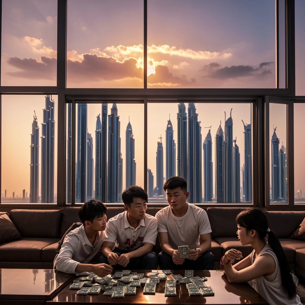 A realistic image of a chinese gang and counting their money in their apartment in dubai, high quality picture, ultra high quality picture, photorealistic, 4k, 8k, 16k, Volumetric Lighting, full picture, highly detailed lighting, de, beautiful skies, clear skies, sunset, clear face, high quality face, 4k face