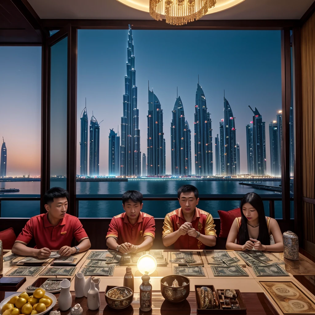 A realistic image of a chinese gang and counting their money in their apartment in dubai, high quality picture, ultra high quality picture, photorealistic, 4k, 8k, 16k, Volumetric Lighting, full picture, highly detailed lighting, de, beautiful skies, clear skies, sunset, clear face, high quality face, 4k face
