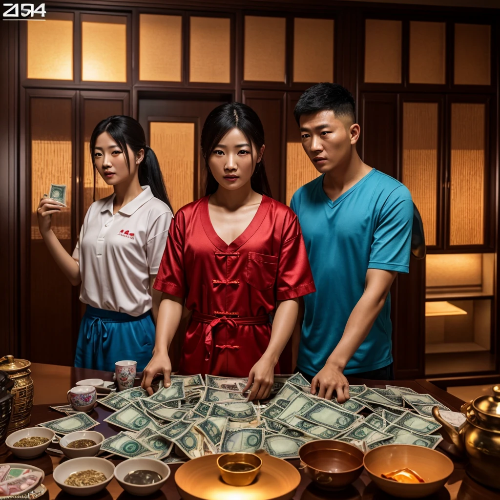 A realistic image of a chinese gang and counting their money in their apartment in dubai, high quality picture, ultra high quality picture, photorealistic, 4k, 8k, 16k, Volumetric Lighting, full picture, highly detailed lighting, de, beautiful skies, clear skies, sunset, clear face, high quality face, 4k face