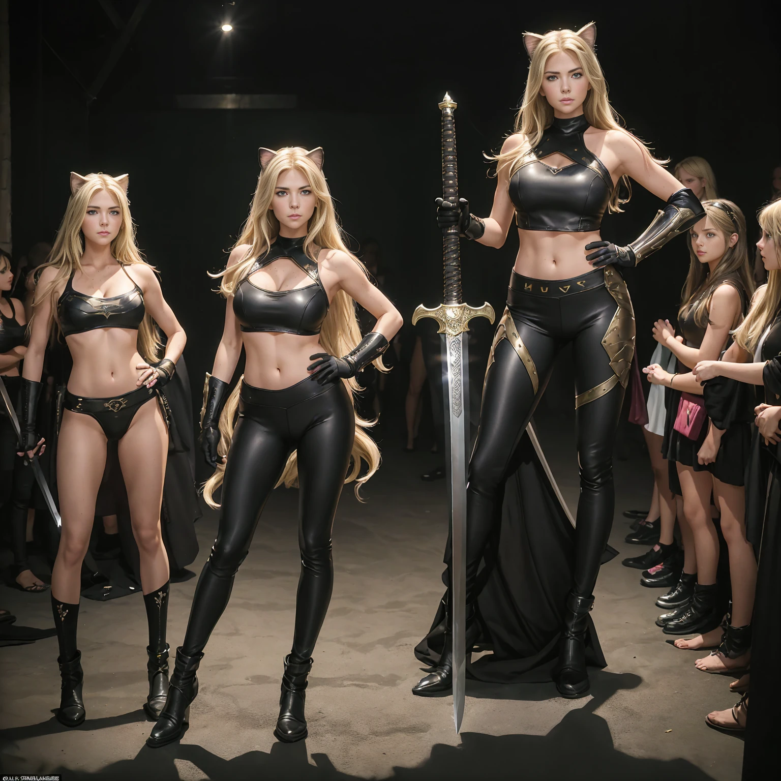 (((full body photo)))  Kate Austen, 2girls, 14 years old, girl with 3 pair of arms, long blond hair, flowing blond hair, cat ears, green eyes, in a full body black armor with leggings, masterpiece, high quality, outsideheroine pose, with a sword in hand, shoulders exposed, navel exposed, gloves,
.