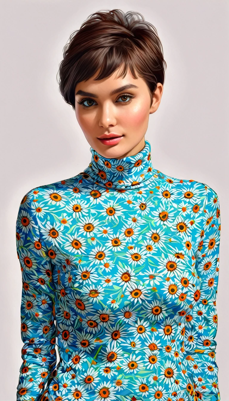 create a woman short hair pixie turtleneck shirt , flores, Masterpiece, estilo illustration de Ali Erturk, high detail, hyperrealistic, natural light,illustration , Bright colors